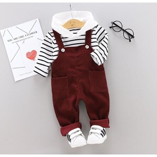 Korean Baby Boy Clothes Childrens Clothing for Girls New Striped Long Sleeved T-shirts Tops + Overalls Kids Bebes Jogging Suits