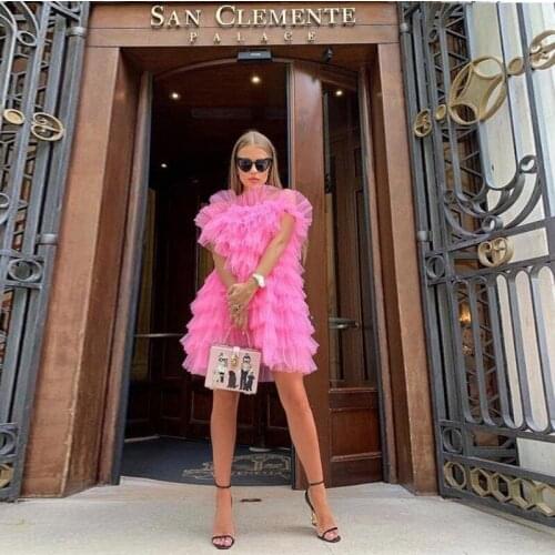 Short Cocktail Dresses Baby Pink Sweet Tiered Puffy Evening Party Gowns Lush A Line Off Shoulder Prom Gowns Homecoming Dress