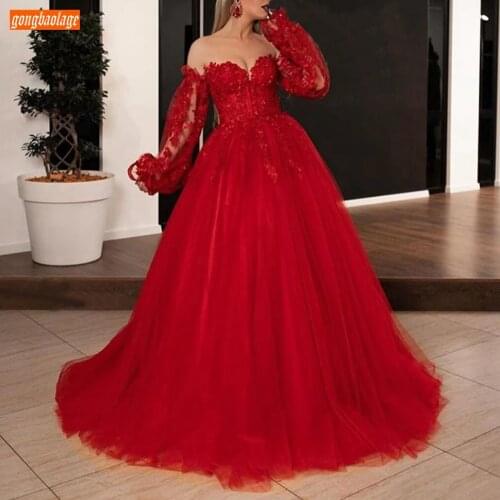Red Evening Dresses 2020 Boho Custom Made Formal Party Gown Women Dress Long Sleeve Lace Up Vestidos Tulle A Line Robe De Soiree