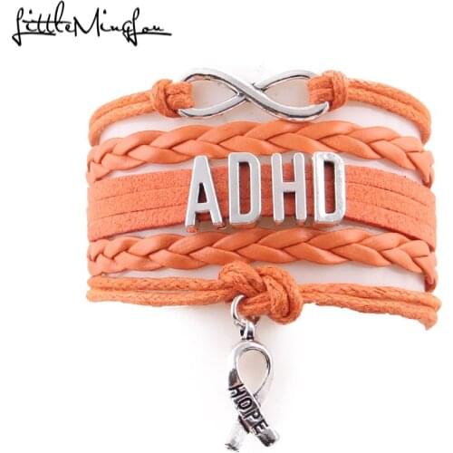 Little Minglou Infinity hope Infinity ADHD bracelet ribbon charm awareness leather men bracelets & bangles for women jewelry