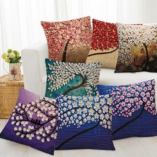 Fashion Flower Life Tree Paint Linen Pillow Case Throw Home