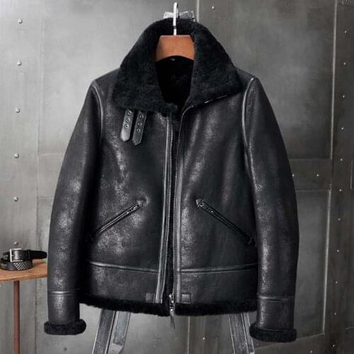 Mens B3 Shearling Jacket Natural Sheepskin Coat Motorcycle Fur Coat Black Leather Jacket Short Mens Winter Coats
