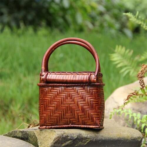 16x15CM Original Chinese Style Hand-made Old Bamboo Woven Bag Thailand Rattan Bag Retro Handbag Woven Pouch a6107