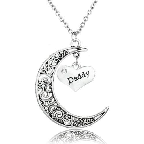 Daddy Hollow Moon Retro Style Crystal Heart Silver Plated Dad Pendant Necklace Family Gifts For Fathers Day Men Jewelry Father
