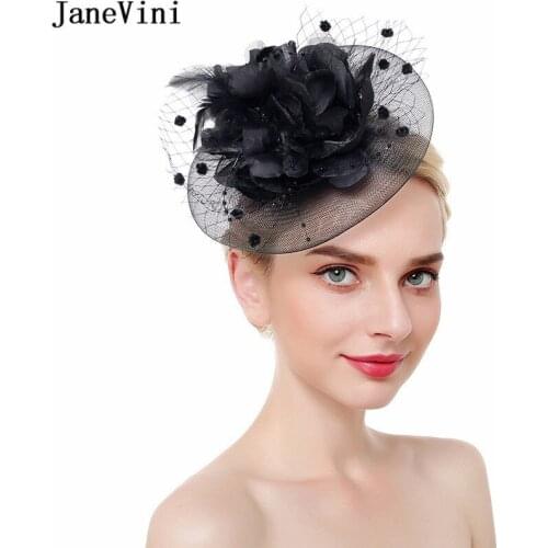 JaneVini Bride Feathers Wedding Hats for Women Elegant Fashion Headbands Mesh White Black Cocktail Tea Party Bridal Hat Headwear