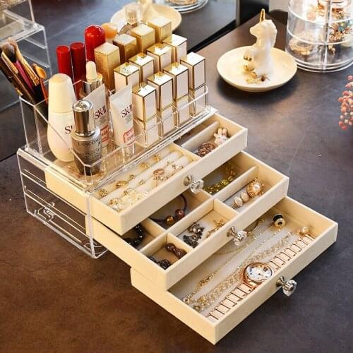Jewelry Storage Box Transparent Acrylic Cosmetic Organizer Lipstick Holder Earrings Necklace Watch Display Stand Velvet Drawer