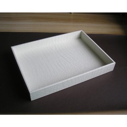 Rectangle modern crocodile white PU leather wooden storage serving tray box for foods fruits tableware dishes cups snacks 408C