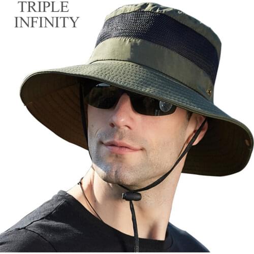 New Summer Mesh Breathable Fishing Hat Cowboy Mens Outdoor Climbing Hiking Panama Hat Wide Brim Anti UV Sun Bucket Hat Caps