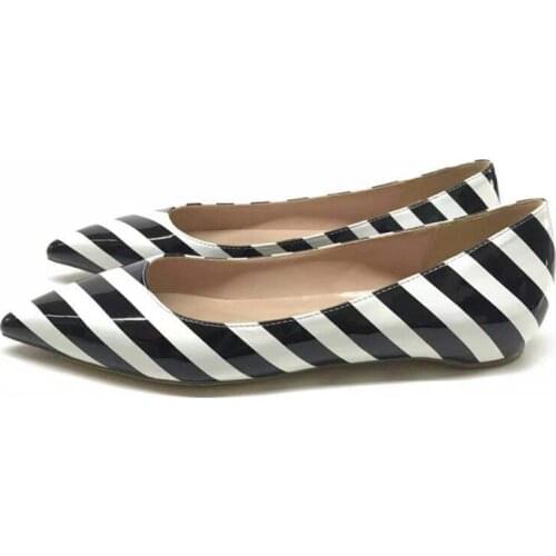 Black White Stripe Flat PU Patent Leather Shoes Women Sexy Pointed Toe Wedding Party Shoes QP074 CHENSIR9
