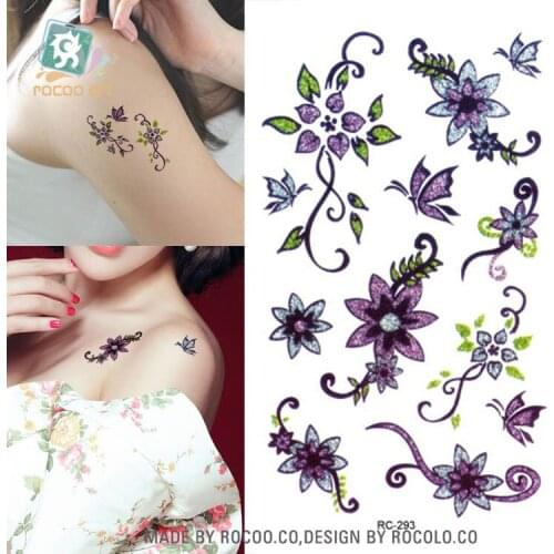 Water Transfer Tattoo sexy purple flower butterfly tattoo body art Waterproof Temporary fake Tattoo for man woman kid 10.5*6cm