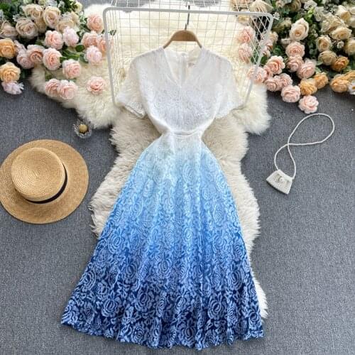 Womens spring summer runway fashion gradient color lace dress female v neck short sleeve chic beach party dress TB1520