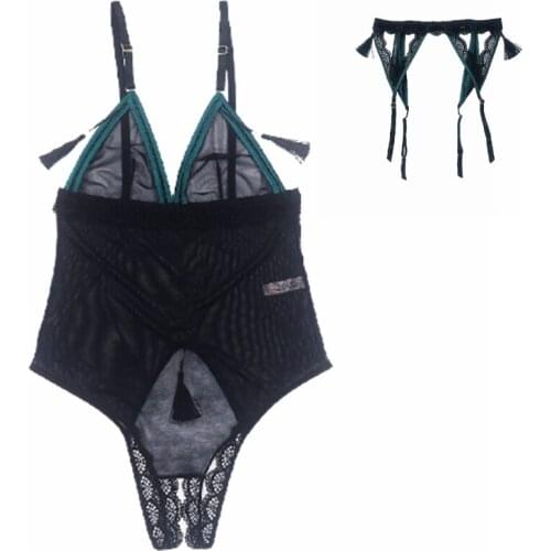 Women Lingerie Lace Sheer Bodysuit Deep V Neck Nightwear and Suspender Belt