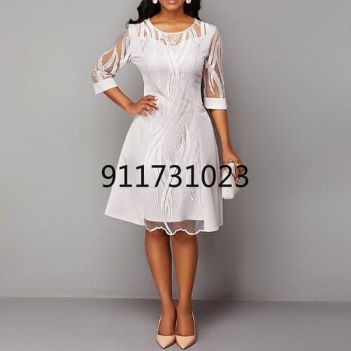 Summer Dress Women 2021 Elegant Mesh Embroidered Wedding Party Dress White O-Neck Three Quarter Slim Birthday Club A-Line Dresse