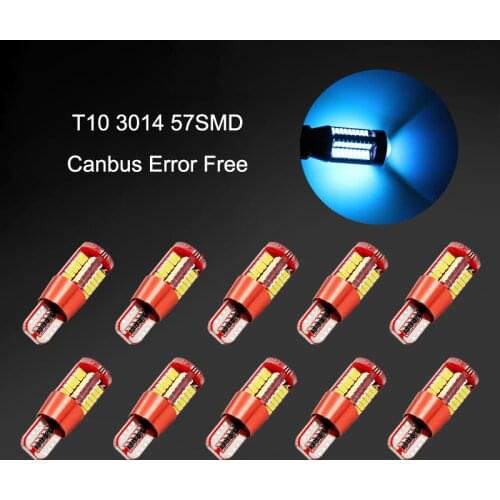 10Pcs Ice Blue T10 12V W5W 3014 57SMD LED Canbus Error Free Car Bulbs For 192 168 194 2825 Side Marker Lights Interior Lights