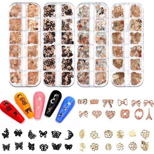 12girds/box Ultra-thin Metal Nail Art Flakes 25 Style Gold/Sliver/Black Foil Multi-Shaped Hollow Alloy Manicure Decoration TG#33