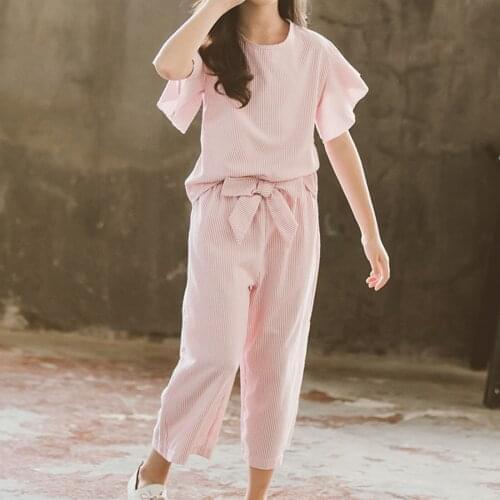 2021 Big Girls Summer Clothing Sets Fashion Kids Striped Ruffle Sleeves Top + Wide Leg Pants 2Pcs Suit Teenage Children Outfits