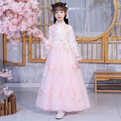 2021 Hanfu Long Sleeve Chinese Style Princess Dress Evening Party Dress For Girls Mesh Dress Baby Clothes For 4-11 Year Old