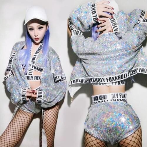 Jazz Dance Costumes Women Silver Sequined Hip Hop Dancer Nightclub Sexy Bar Dj Singer Costume Girls Stage Outfit Free Delivery