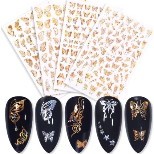 Holographics 3D Nail Stickers Butterfly Hollowing Design Transfer Sticker Laser Gold Silver Adhensive Decal Nail Art Decoration