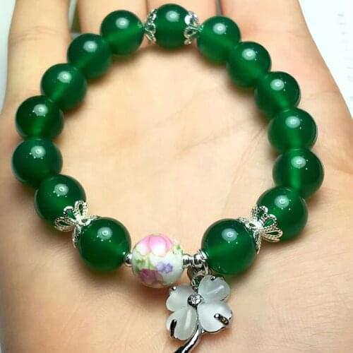 JoursNeige Natural Green Crystal Bracelets With Four Leaves Grass Pendant Beads Size 10mm Lucky for Women Bracelet Jewelry