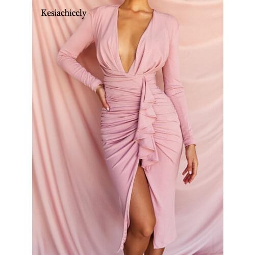 Kesiachiccly Elegant Deep V-Neck Sexy Autumn Dress Women Pleated Bodycon Party Dress Long Sleeve Midi Sexy Club Dress Vestidos