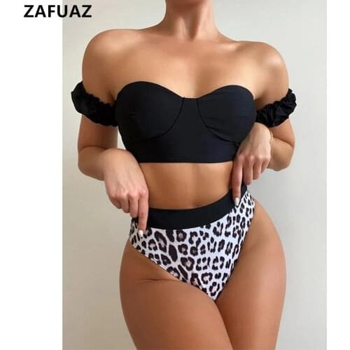 Print Swimsuit Women 2021 Leopar High Waist Bikini Set Off Shoulder Swimwear Lace Up Bathing Suit Sexy Two-piece Push Up Bathers