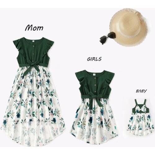 Mother Daughter Macthing Dresses Flower Mommy and Me Clothes Short Sleeve Patchwork Fashion Women Girls Baby Summer Dress