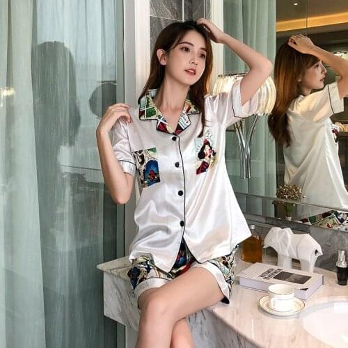 Disney summer cartoon Snow White print pajamas Girl simulation silk short-sleeved thin section home service ice silk pajamas set