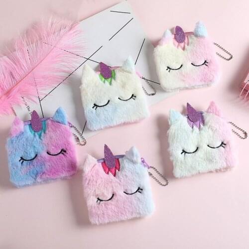 Cartoon Plush Unicorn Coin Purse Cute Cat Fur Square Wallet Girl Clutch Embroidered Bag Key Earphone Organizer Pouch Kids Gift