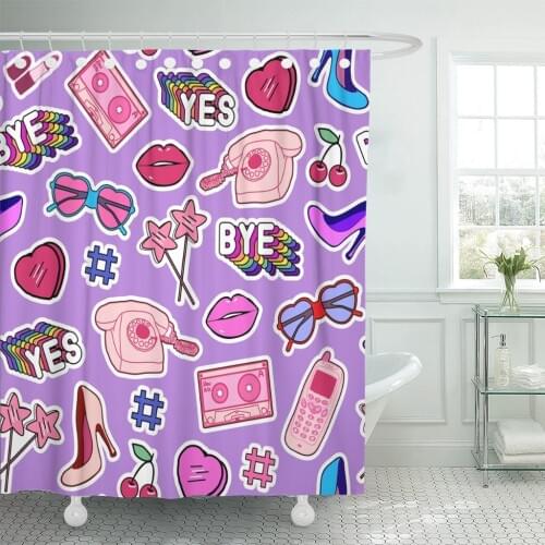 Patches Badges Pins Cell Phones Heart Shaped Sunglasses Lips Shower Curtain Waterproof Fabric 72 x 72 Inches Set with Hooks