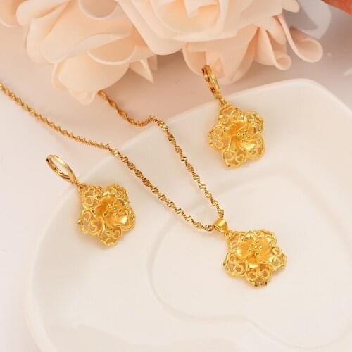 Charm Vintage lady gold Flower earrings Necklaces & Pendants Jewelry stes for Women girls wedding birthday gifts drop Shipping