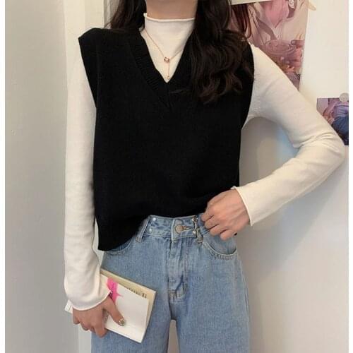 V-neck Solid Color Sweater Vest Women Knitted Pullover Waistcoat 2021 Korean Style Autumn Winter Korean Loose Sleeveless Tops