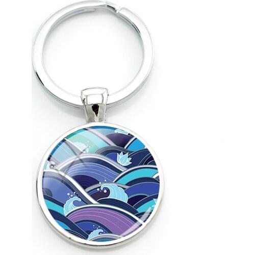 TAFREE Sea Spray Images Silver-Plated Round Key Holder For Men Car Ornament Japan Ukiyo Style Vintage Metal Keychains
