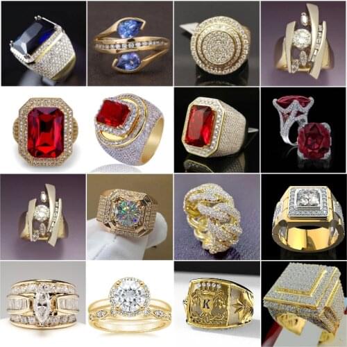 Luxury Square Red Cubic Zirconia Ring Dazzling Full Crystals Bling Bling Big Gold Color Wedding Rings Wholesale Z3C173