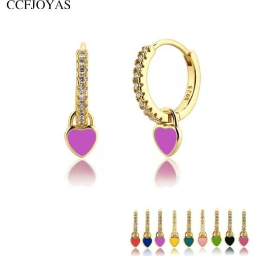 CCFJOYAS Simple Cute 925 Sterling Silver CZ Hoop Earrings for Women Pink/Purple/Yellow/Blue color Heart Shaped Epoxy Earrings
