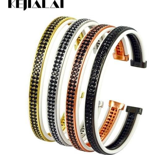 Charms Unisex Bangle Bracelets For Men White Leather With Double Lines Black Zircon Open Cuff Adjustable For Women Men Best Gift