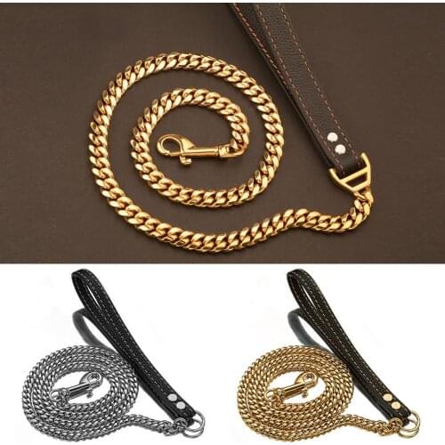 Traction Leash Faux Leather Strong Metal Cuba Stainless Steel Pet Chain for Dog