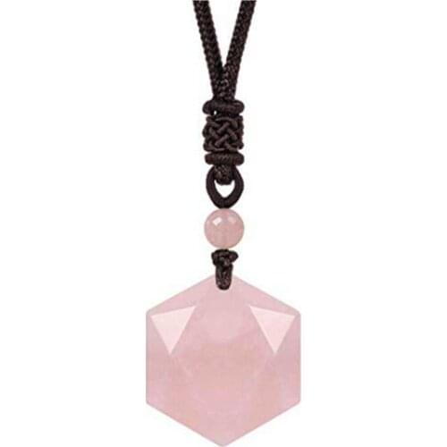 FYJS Unique Handmade Rope Chain Natural Rose Pink Quartz Hexagon Star of David Pendant Necklace Elegant Female Jewelry