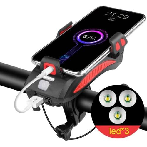 Bicycle Headlight USB Rechargeable Lamp Light Bike Horn Handlebar Phone Holder 4 in 1 Multi-Function LED LL023