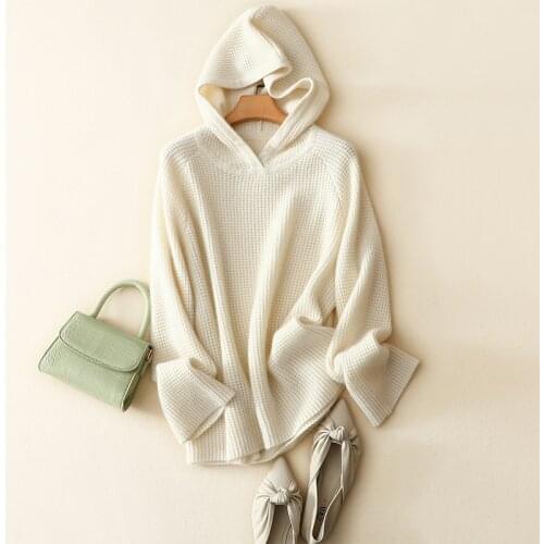 High quality 100% cashmere hooded sweaters women winter thick pullovers white chic france styles elegant knitted tops 2020