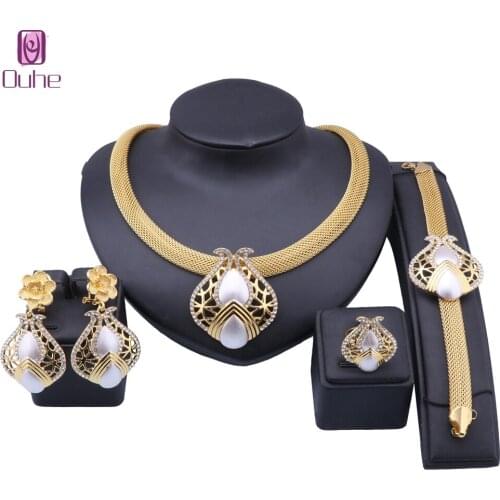 Nigerian Wedding Bridal African Gold Color Crystal Jewelry Set Dubai Necklace Bracelet Earrings Ring Party Jewelry Sets