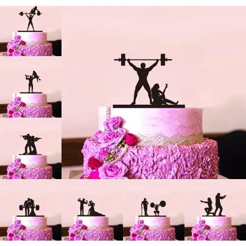 Funny Style Wedding Cake Topper Bride & Groom Shooting Cake Topper MR & Mrs Black Acrylic Cake topper Weightlifting Decoration