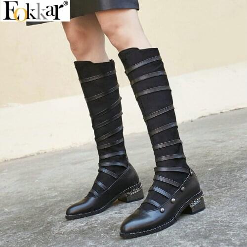 Eokkar 2020 PU Leather Thigh High Boots Pointed Toe Thick Heels Mid Calf Boots Zipper Rome Med Heel Winter Shoe Women Size 34-45