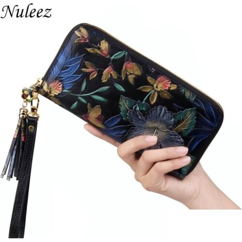 Nuleez Genuine Cow Leather Wallet Women Long Standard Purse Chinese National Hand Carving Floral Luxury 2018 new coming