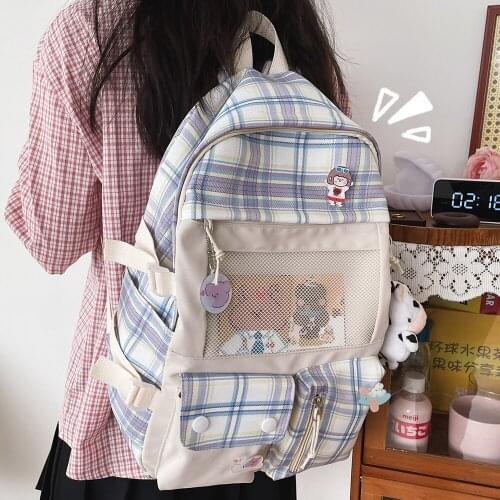 Women Plaid Cute Canvas Backpack Female Harajuku School Bag College Lady Kawaii Lattice Backpacks Fashion Book Girl Bags Student