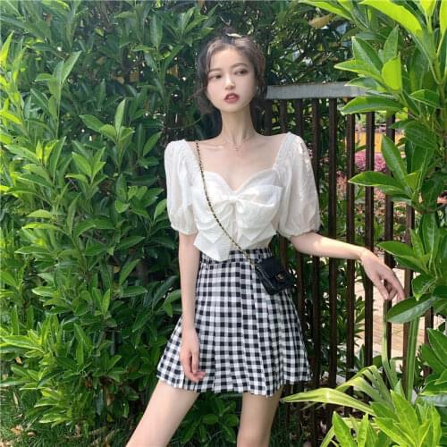 Lattice Half Skirt Set Womens Summer New Square Collar Bow Shirt High Waist Fold Short Skirt Fashion Two Tide Sets