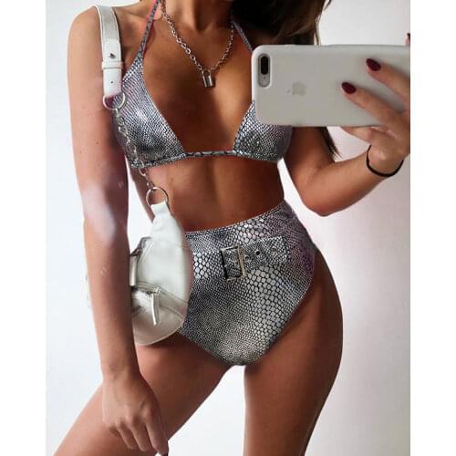 Sexy Swimwear Women Crocodile Skin Neon Green High Waist Bikini Brazilian Bathers Push Up Biquini Belt Swimsuit Traje De Bano