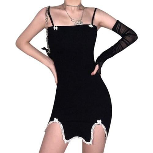 Women Spaghetti Straps Mini Dress, Sexy Sling Sleeveless Slim Lace Split Hem Slim Fit Dress Evening Party Summer 2021