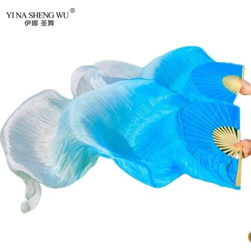 High Quality 100% Real Silk Dance Fans 1Pair Handmade Dyed Silk Belly Dance Props Fans Turquoise+Light turquoise+White 180x90cm