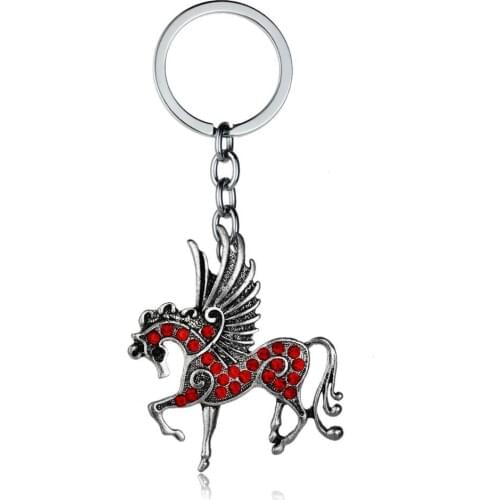 12PC Red Crystal Rhinestone Horse Wing Pegasus Keychains Animals Charm Pendant Keyrings Lovers Couples Valentines Day Gifts Hot